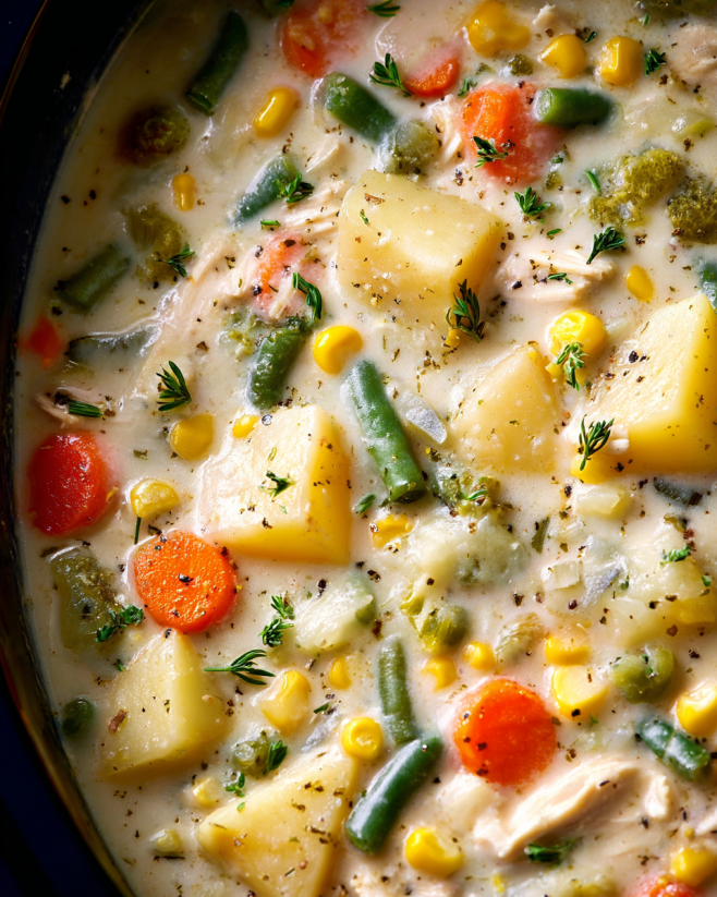 Ein Bild von einer Suppe, die aus Kartoffeln, Zwiebeln, Karotten, Kokosmelis und Kartoffelstiften zubereitet wurde.