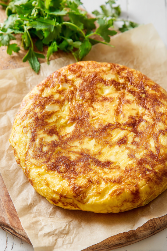 Eine Tortilla Española auf einem Tisch.