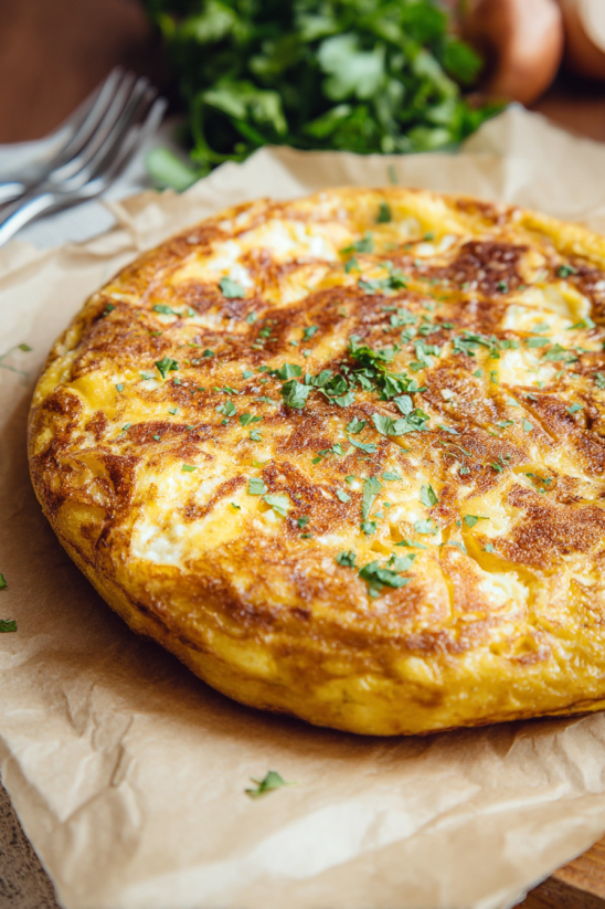Eine Tortilla Española auf einem Teller, die mit Parsley und Zwiebeln garniert ist.
