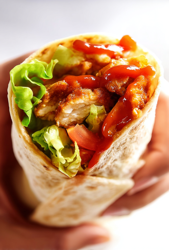 Ein Sticky Chicken Finger Wrap mit Ketchup und Tomaten.
