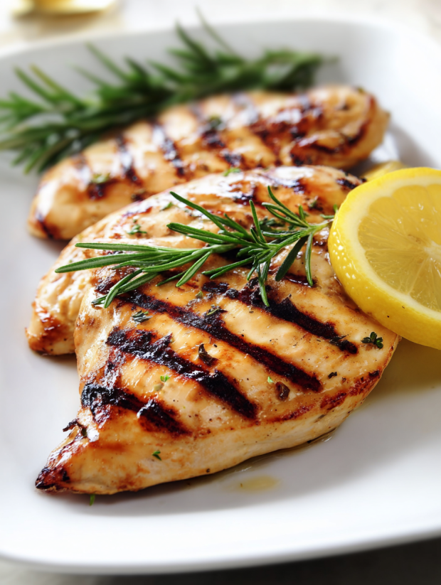 Ein gegrilltes Stück von Grilled Lemon Chicken auf einem weißen Teller.