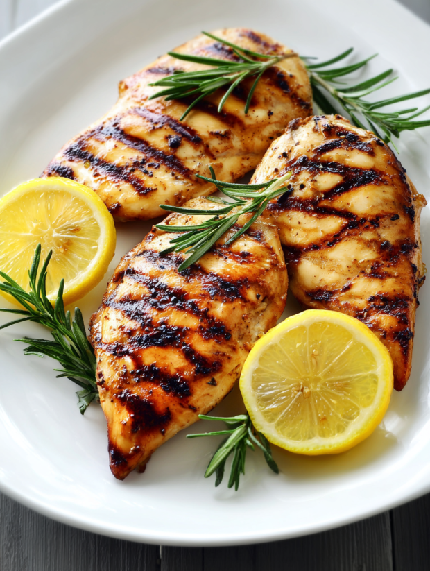 Ein weißer Teller mit grilled Lemon Chicken und grilled Lemons.