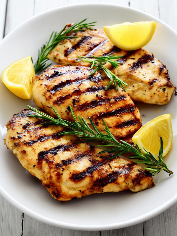 Ein weißer Teller mit grilled Lemon Chicken, garniert mit Zwiebeln.