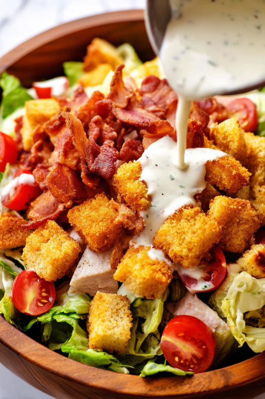 Ein Salat mit Bacon, Lettuce und Tomaten, garniert mit Mayonnaise.