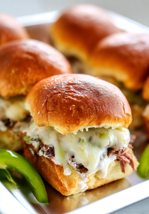 Eine Gruppe von Cheesesteak Sliders auf einem Teller.