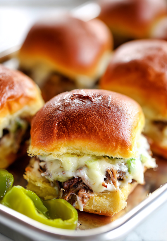 Ein Plate mit Cheesesteak Sliders, die aus Bratwurst und Käse bestehen.