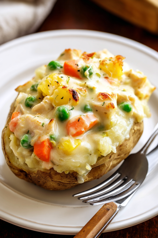 Ein Baked Potato mit Chicken Pot Pie.