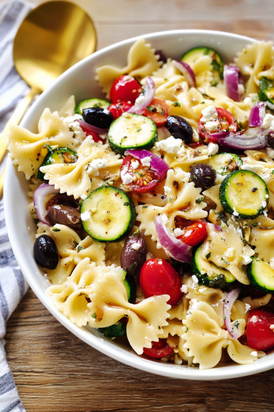 Ein weißer Teller mit einer Mischung aus Pasta, Zucchini, Tomaten, Basilikum und Oliven.