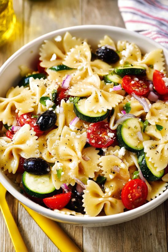 Ein weißer Teller mit einer Mischung aus Pasta, Zucchini, Tomaten, Basilikum, Oliven und Zwiebeln.