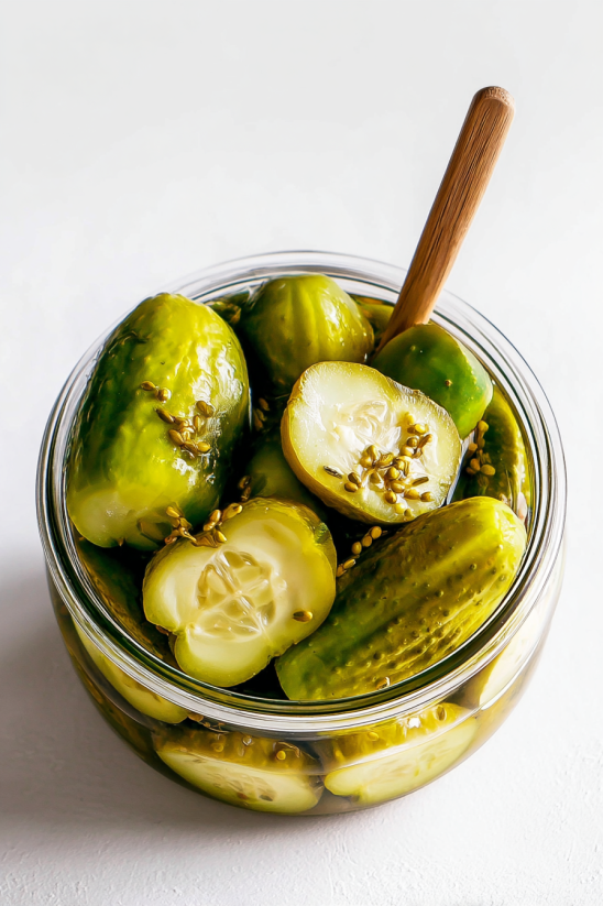 Ein Glas mit Refrigerator Pickles (Quick Pickles) gefüllt mit Zwiebeln und Gewürzen.
