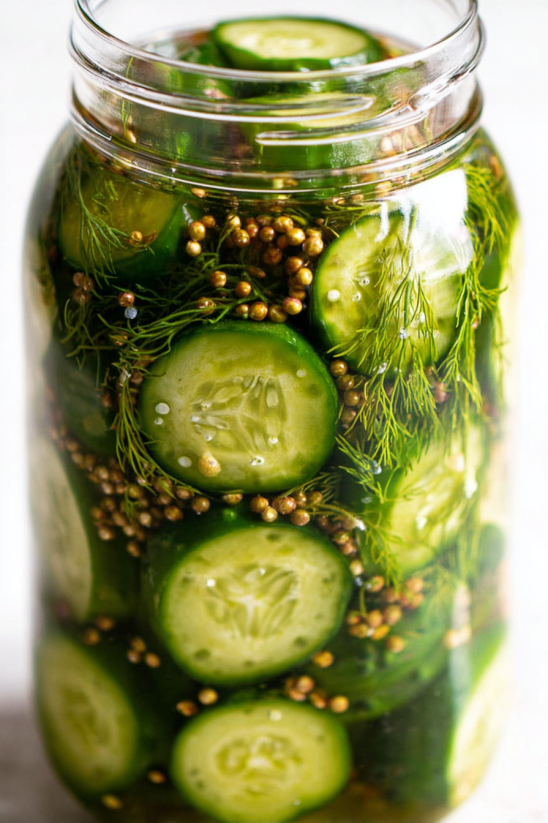 Ein Glas mit Refrigerator Pickles (Quick Pickles) gefüllt mit Zwiebeln und Gewürzen.