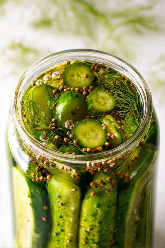 Ein Glas mit Refrigerator Pickles (Quick Pickles) gefüllt mit Zwiebeln und Senf.