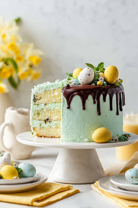 Ein Easter Cake mit grünem Teig, Eiern und Schokoladenglasur.