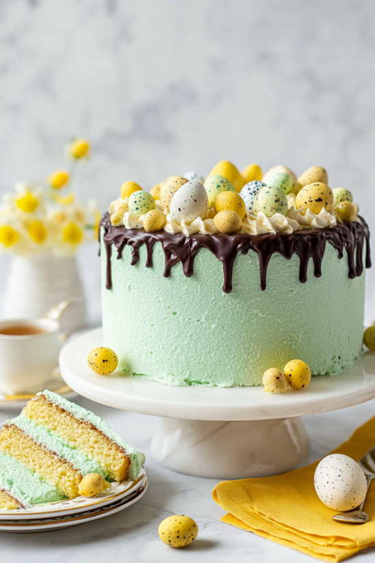 Ein Easter-Kuchen mit grünem Teig und Eiern, die mit Specklein besetzt sind.