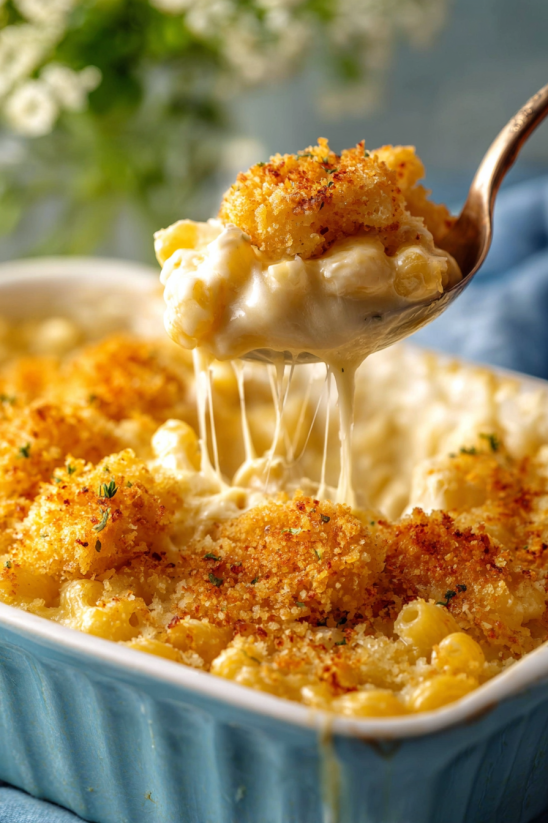 Ein Bild von Mac and Cheese, das in einem weißen Teller serviert wird.