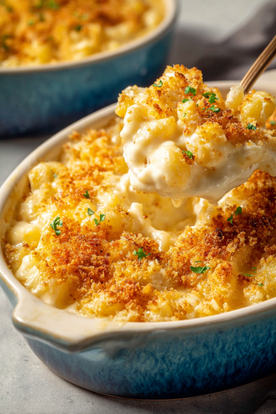 Ein Schälchen mit Macaroni und Käse, das in einem Topf gegart wurde.