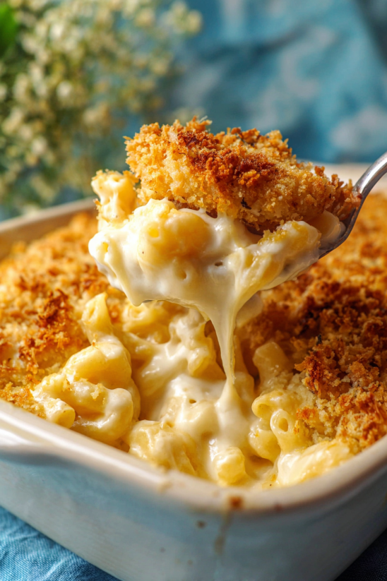 Ein Bild von Mac and Cheese, das in einem weißen Teller serviert wird.