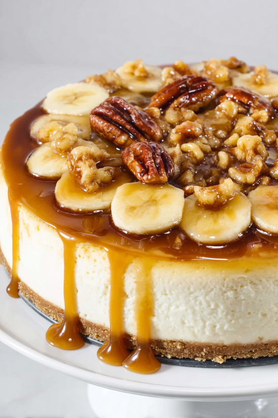 Ein Bananas Foster Cheesecake mit Bananen, Walnüssen und Gewürzen auf einem Teller.