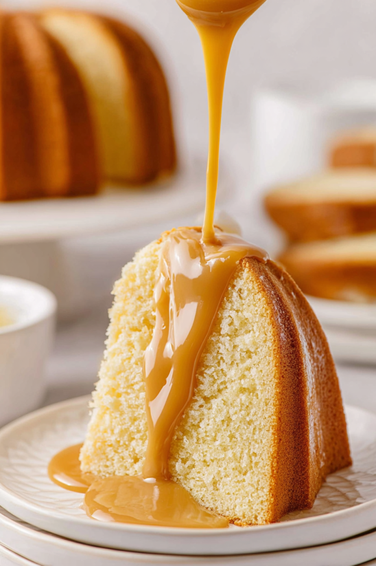 Ein Stück RumChata Pound Cake mit Sauce.