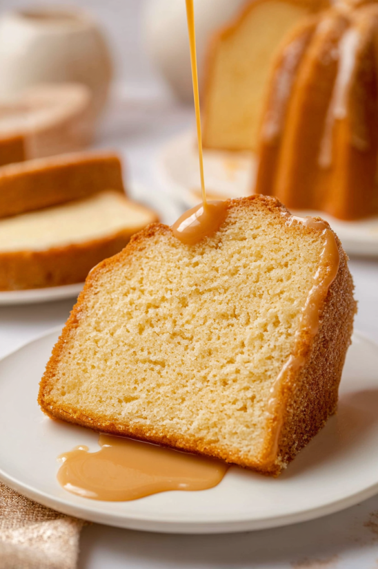 Ein Stück RumChata Pound Cake mit Zuckerrum auf einem weißen Teller.