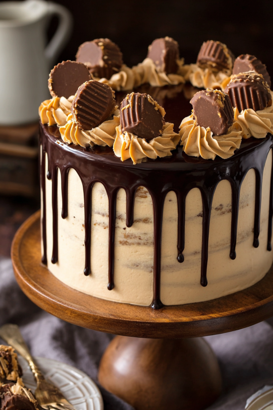 Eine Schokoladen-Pfefferkuchen-Torte mit Schokoladenglasur und Schokoladenglasur auf einer Holzplatte.