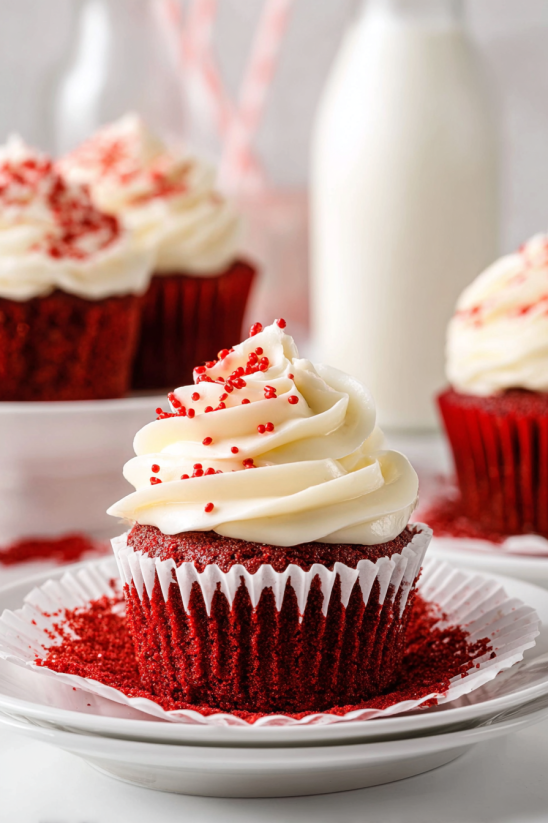 Ein rotes Velvet Cupcake mit weißem Zuckerguss und roten Sprinkles auf einem weißen Teller.