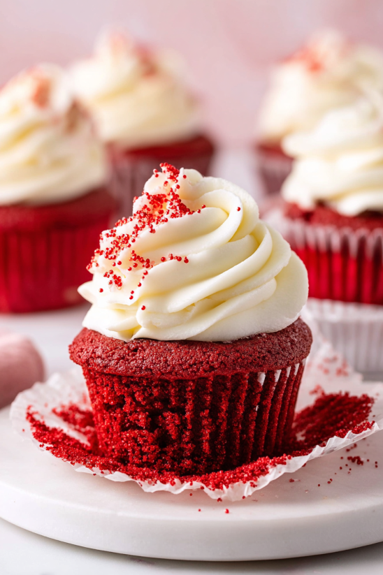Ein rotes Velvet Cupcake mit weißen Zuckerguss auf einem weißen Tuch.