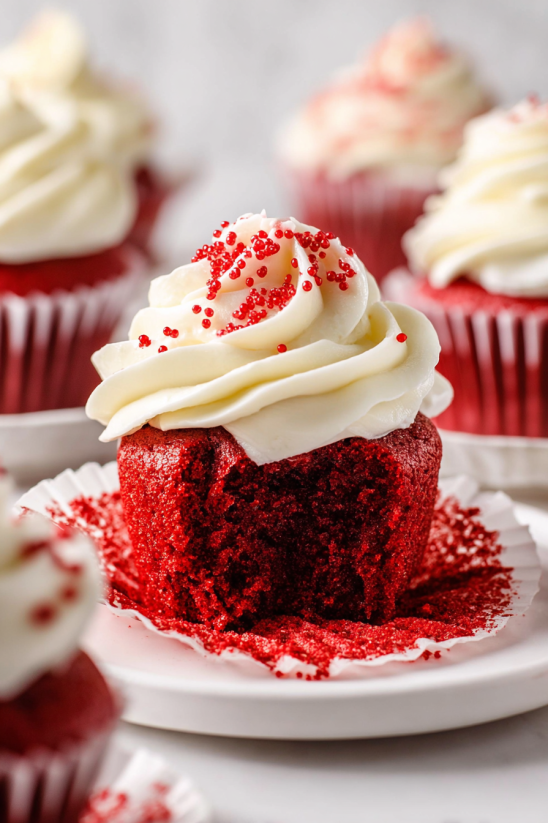 Ein rotes Velvet Cupcake mit weißen Zuckerguss und roten Sprinkles auf einem weißen Teller.