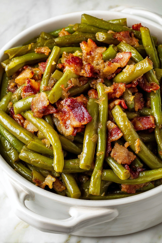 Ein Kessel voller grüner Bohnen, die in Bacon gewickelt sind.