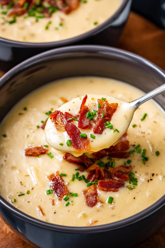 Ein Bild von einer Schüssel mit Sausage und Kartoffelsuppe.