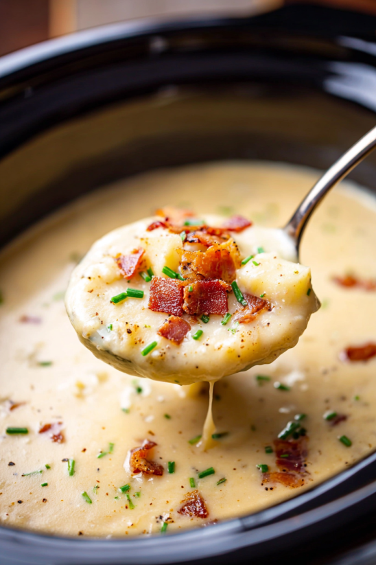 Ein Schalen mit einer cremigen Suppe, die mit Bacon und Kartoffeln zubereitet wurde.