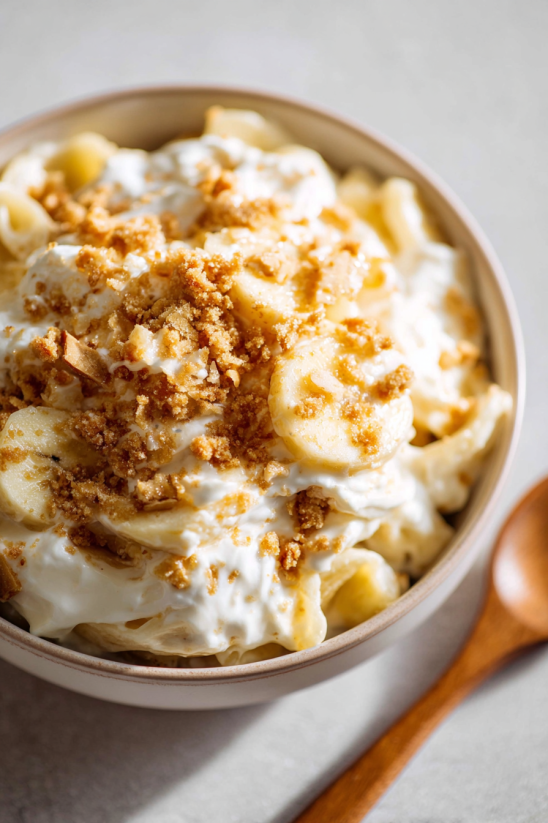 Ein BOWL mit Bananen, Nüssen und Cream.