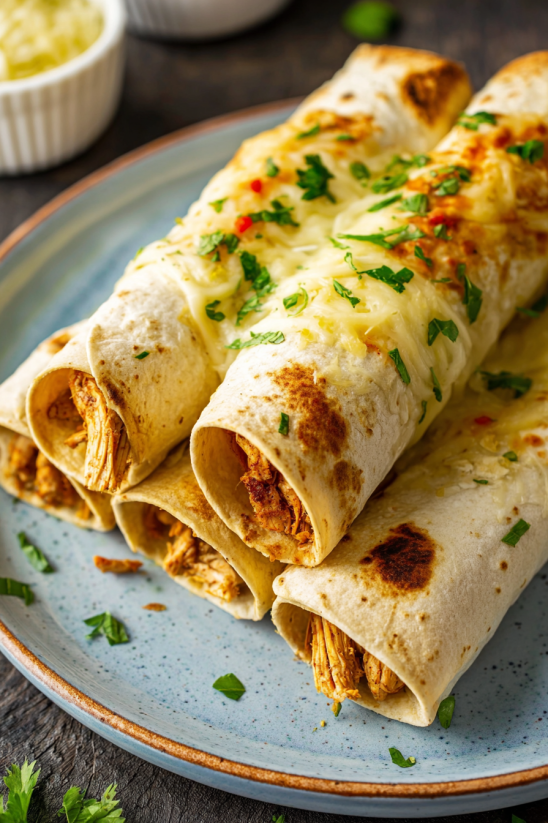 Ein Plate mit zwei Beef Flautas (oder Beef Taquitos) auf einem blauen Teller.