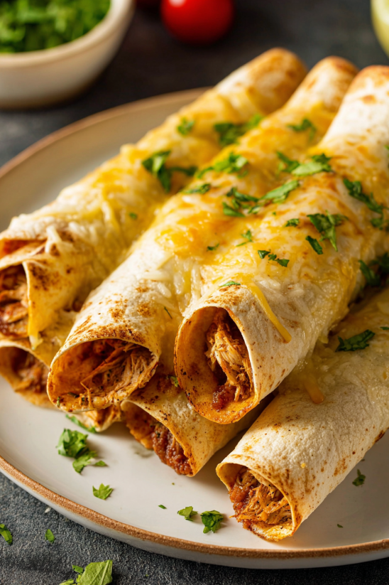 Ein Plate mit zwei Beef Taquitos, die mit Käse und Zwiebeln garniert sind.