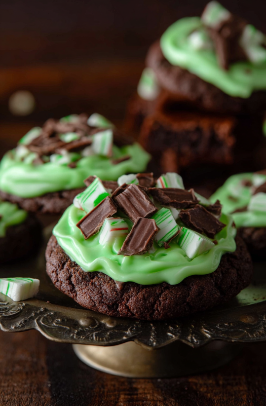 Eine Platte mit Andes Mint Cookies, die mit Schokolade und Zuckerstreifen garniert sind.