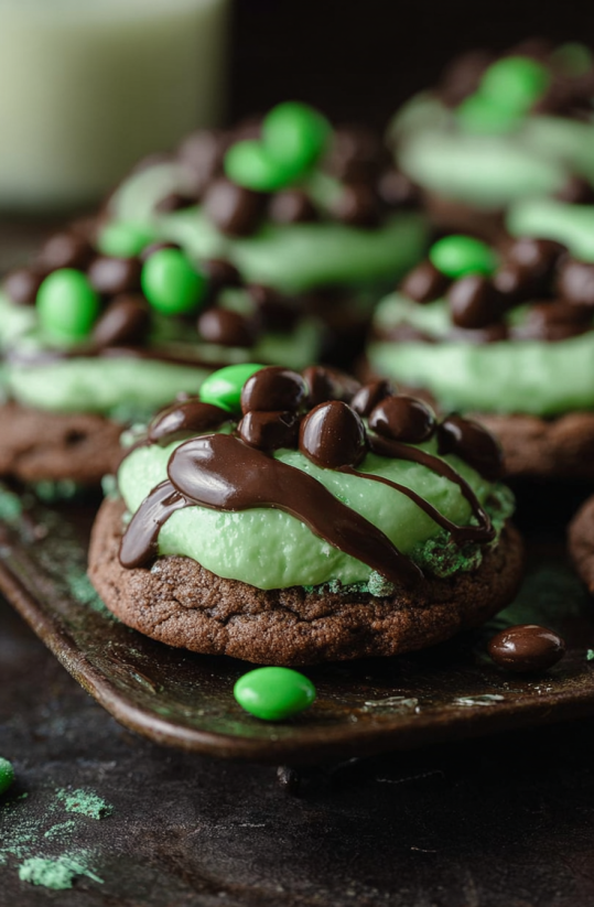 Ein Teller mit Andes Mint Cookies, die mit Schokoladensoße und grünen Schokoladenkugeln garniert sind.