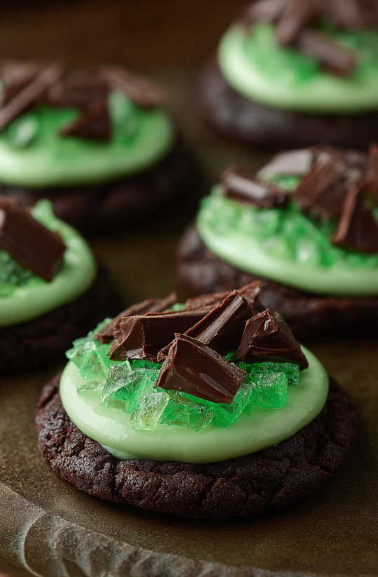 Ein Andes Mint Cookie mit grünem Schokoladenglasur auf einem Boden.