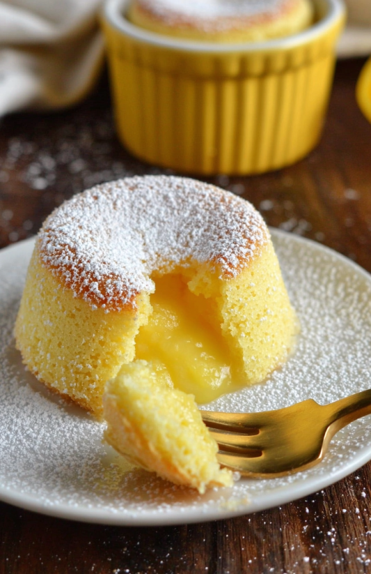 Ein Stück Lemon Lava Cake auf einem weißen Platter mit einer Gabel darunter.