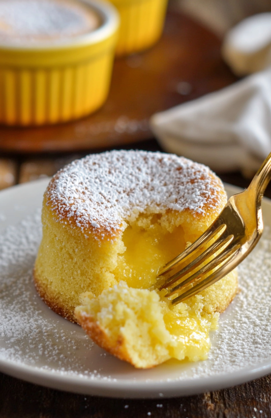 Eine lemon Lava Cake, die in Stücke geschnitten wurde, auf einem weißen Teller.
