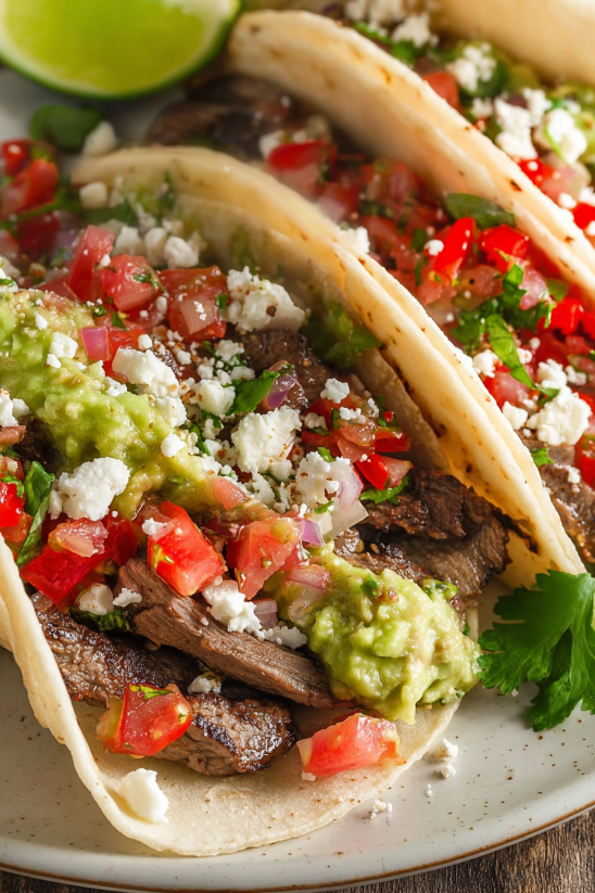 Flank Steak Tacos mit Tomaten, Avocado und Pico de Gallo.