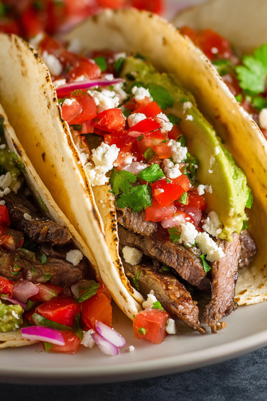 Ein prägnantes Bild von Flank Steak Tacos, die mit Tomaten, Avocado und grünen Zutaten garniert sind.