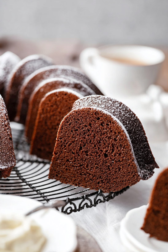 Ein Batch von Chocolate Root Beer Pound Cake auf einem Teller.