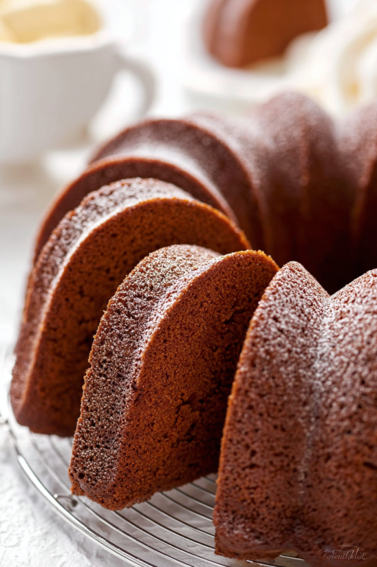 Ein Stück Chocolate Root Beer Pound Cake auf einem Glas.