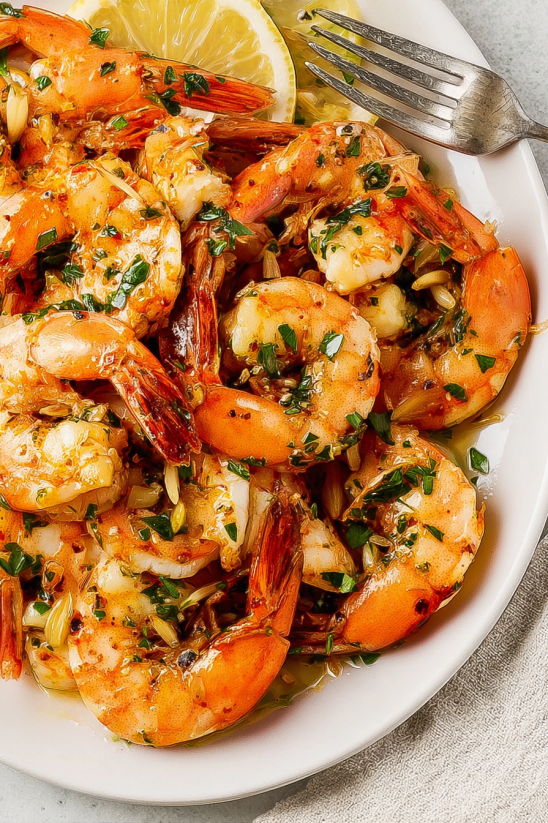 Ein weißer Teller mit Camarones al Ajillo (Garlic Shrimp) auf ihm.