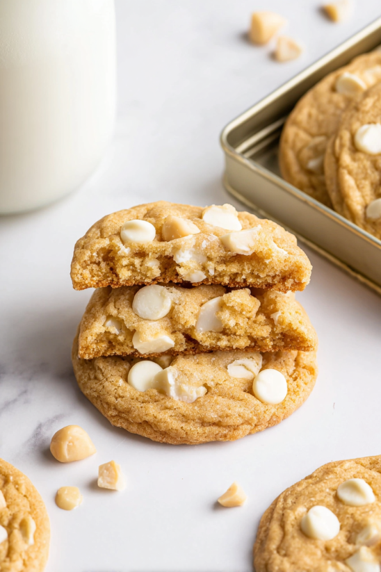 Ein Becher Milch, auf dem eine Schüssel mit Macadamia Nuss-Cookies auf dem Tisch liegt.