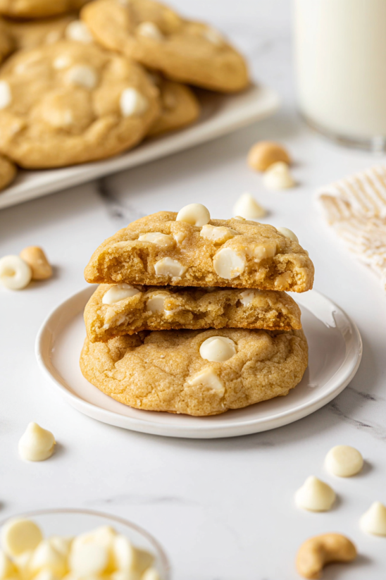 White chocolate macadamia nut cookies on a plate.