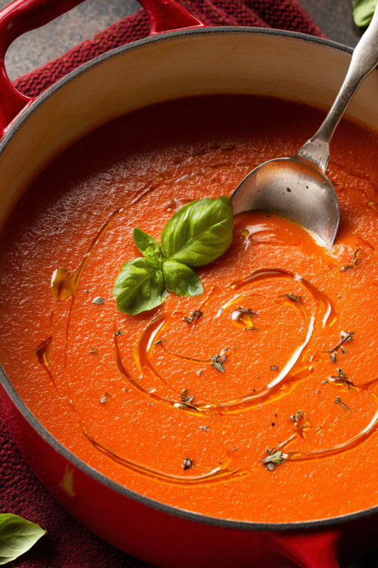 Ein Glas Creamy Tomato Soup mit einer Blattspinat darin.