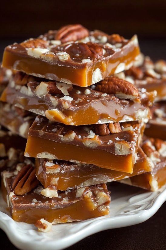 Eine Platte mit Pecan Caramel Bars auf einer Tafel.