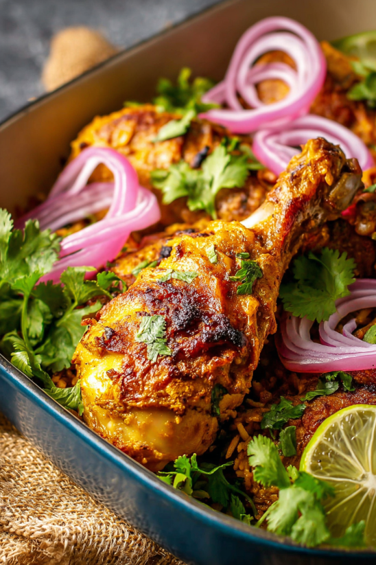 Ein Teller mit indischen Tandoori Chicken, garniert mit Zwiebeln und Onions.