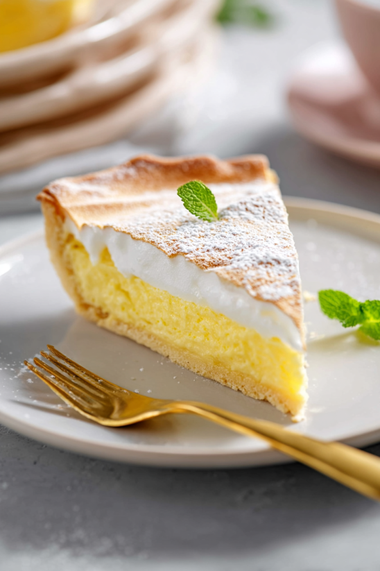 Ein Stück Tennessee Lemon Pie auf einem weißen Plate.